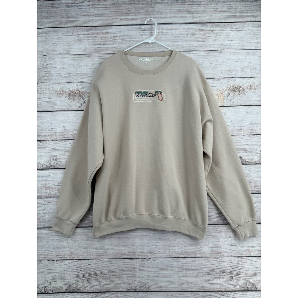 Depleted Collective Embroidered Cats on Couch Crewneck Sweatshirt Adult 2XL Tan
